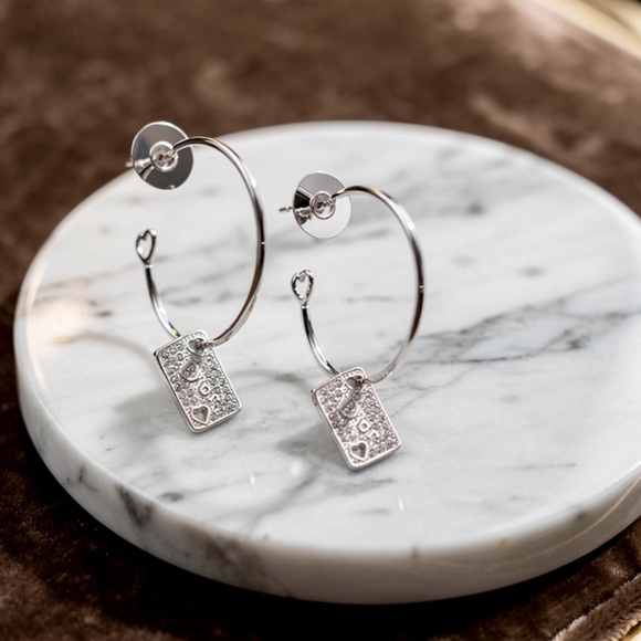 Christian Dior Silver Heart Embellished Rhinestones Hoop Earrings